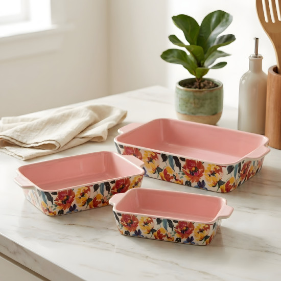 Floral Porcelain Casserole Set 3 Pcs